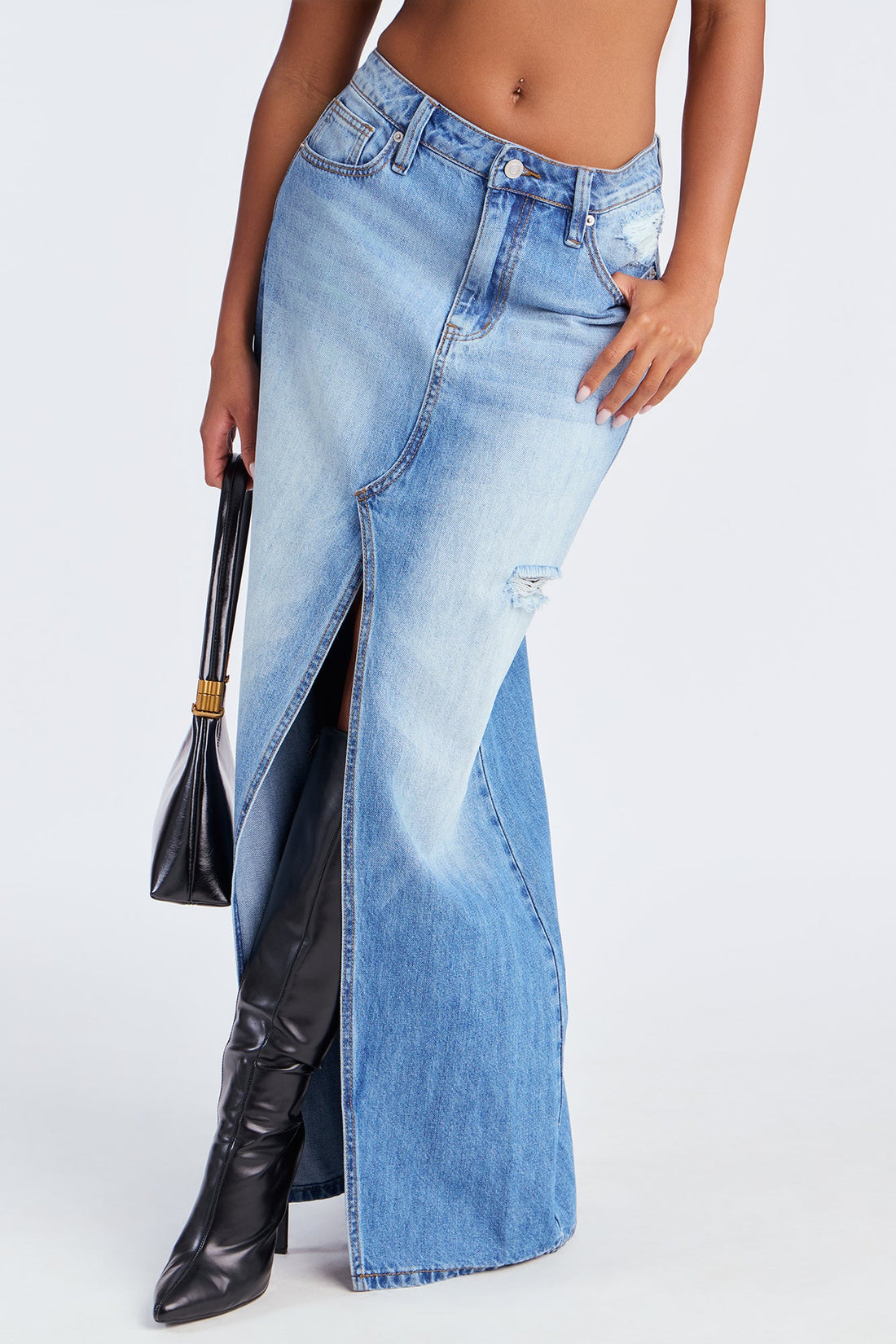 Josie Destructed Washed Denim Maxi Skirt - Medium Wash