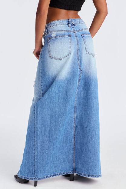 Josie Destructed Washed Denim Maxi Skirt - Medium Wash