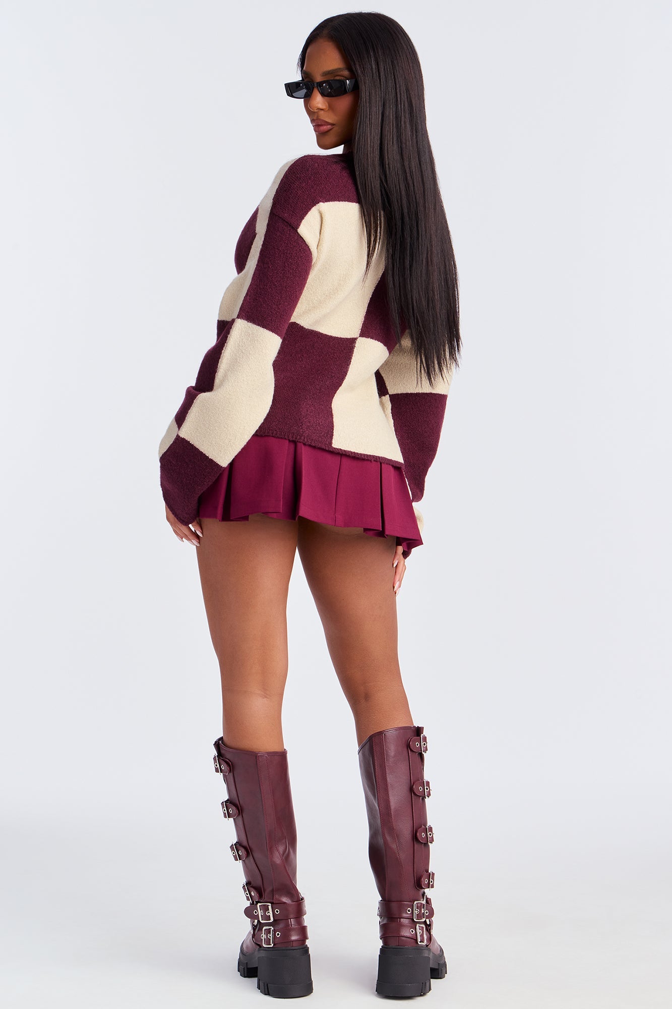 High Demand Checkered Sweater - Wine/combo