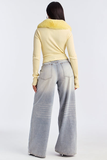 Fluff Game Strong Faux Fur Cardigan - Butter Yellow
