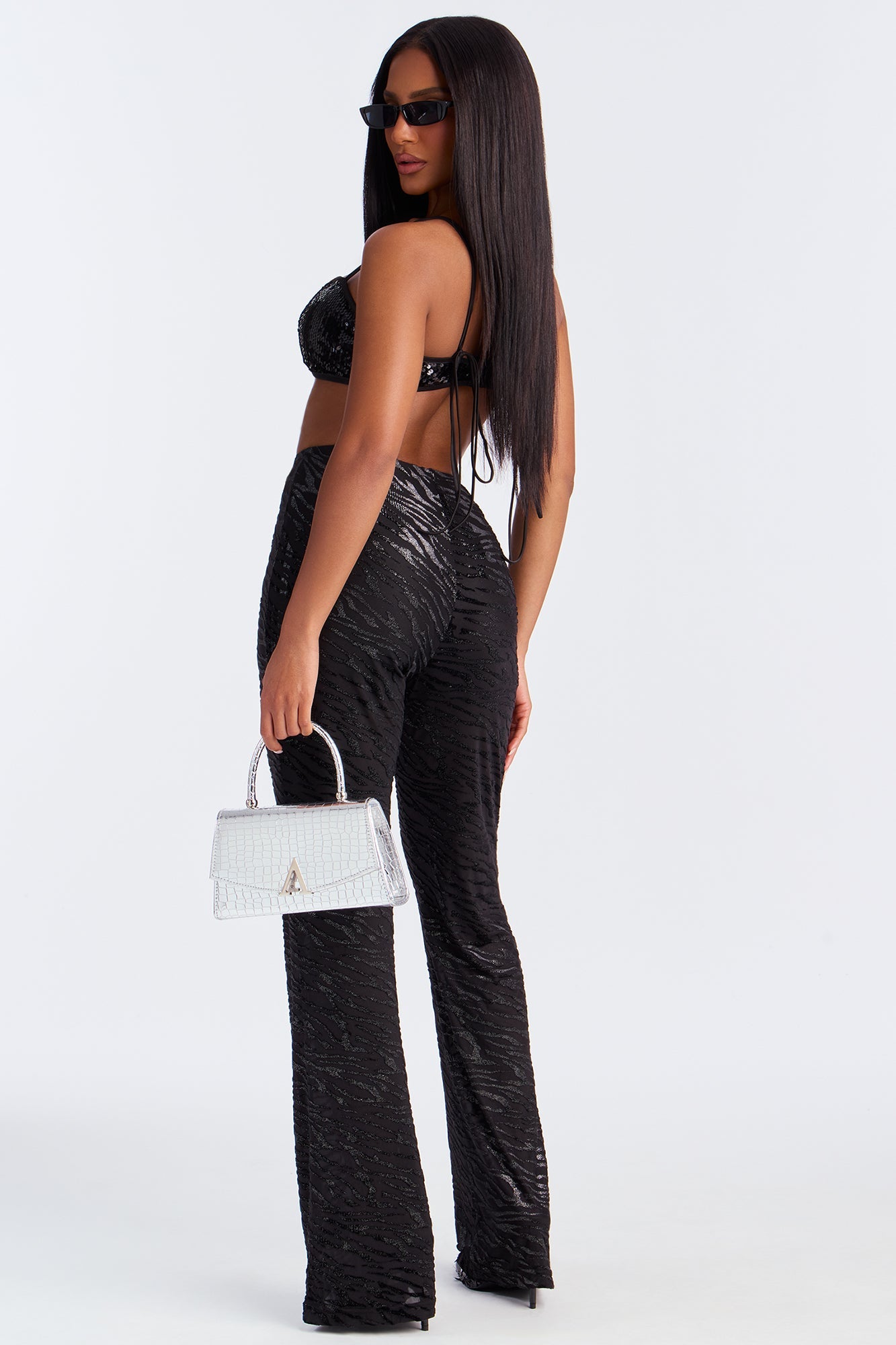 Aryanna Mesh Flocked Straight Leg Zebra Pant 33 - Black