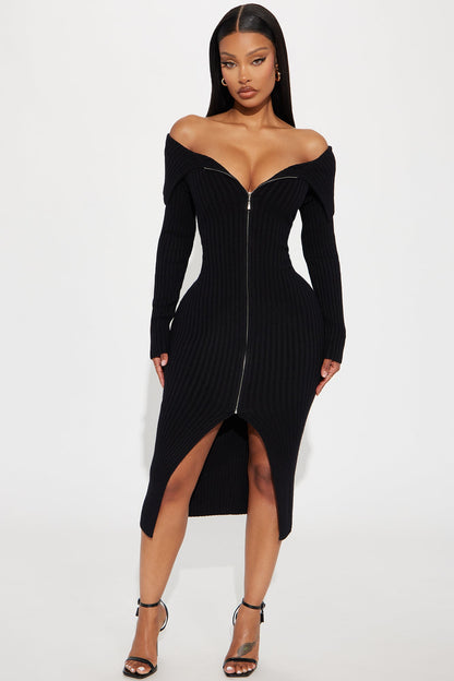 On a Mission Sweater Midi Dress - Black