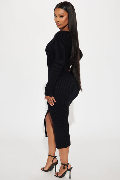 On a Mission Sweater Midi Dress - Black