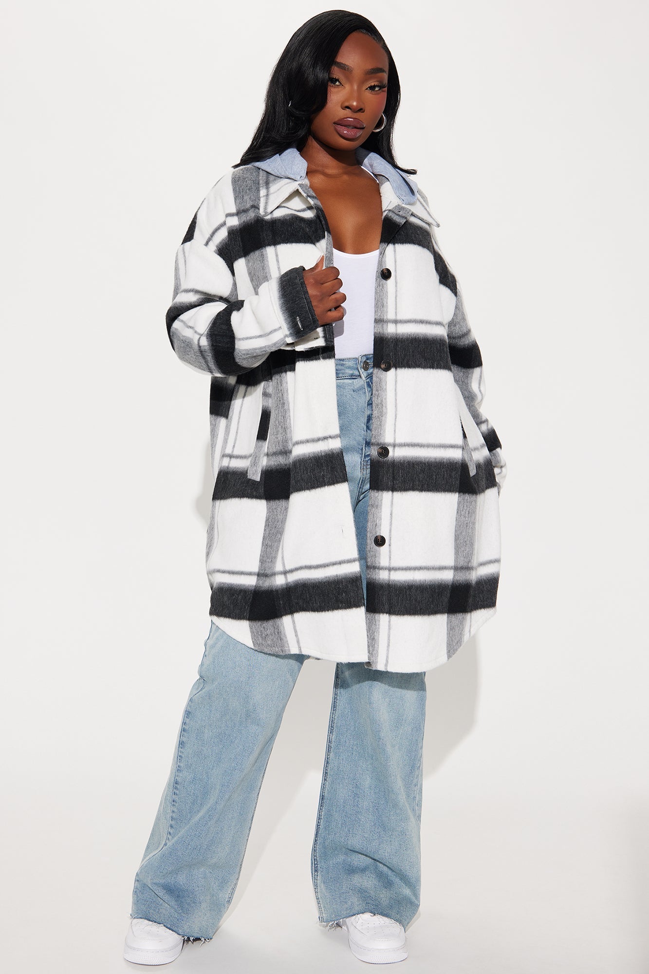 Veronica Hooded Plaid Shacket - Black/White