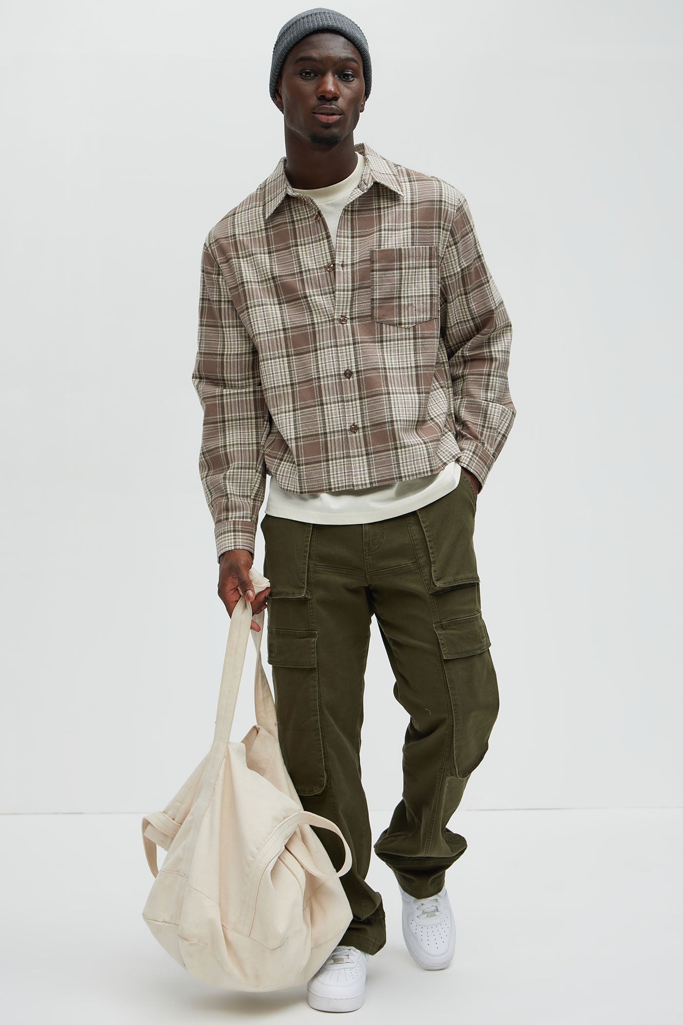Delano Cropped Plaid Shirt - Taupe/combo