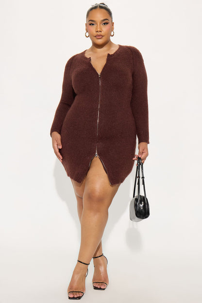 Zakia Zip Front Sweater Mini Dress - Brown