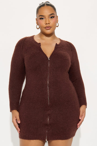 Zakia Zip Front Sweater Mini Dress - Brown