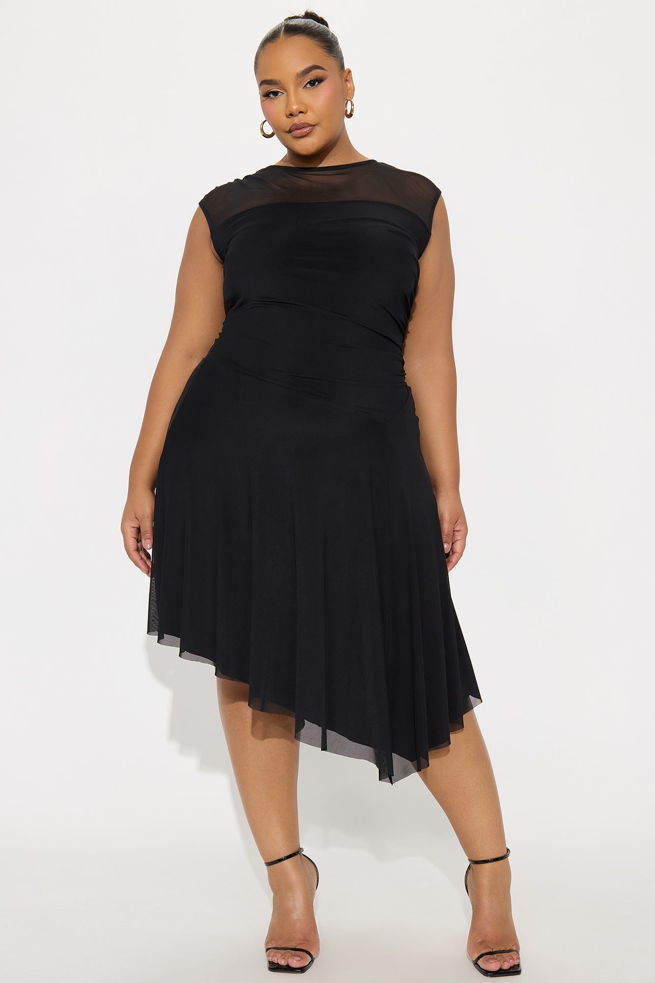 Ayla Asymmetrical Mesh Midi Dress - Black