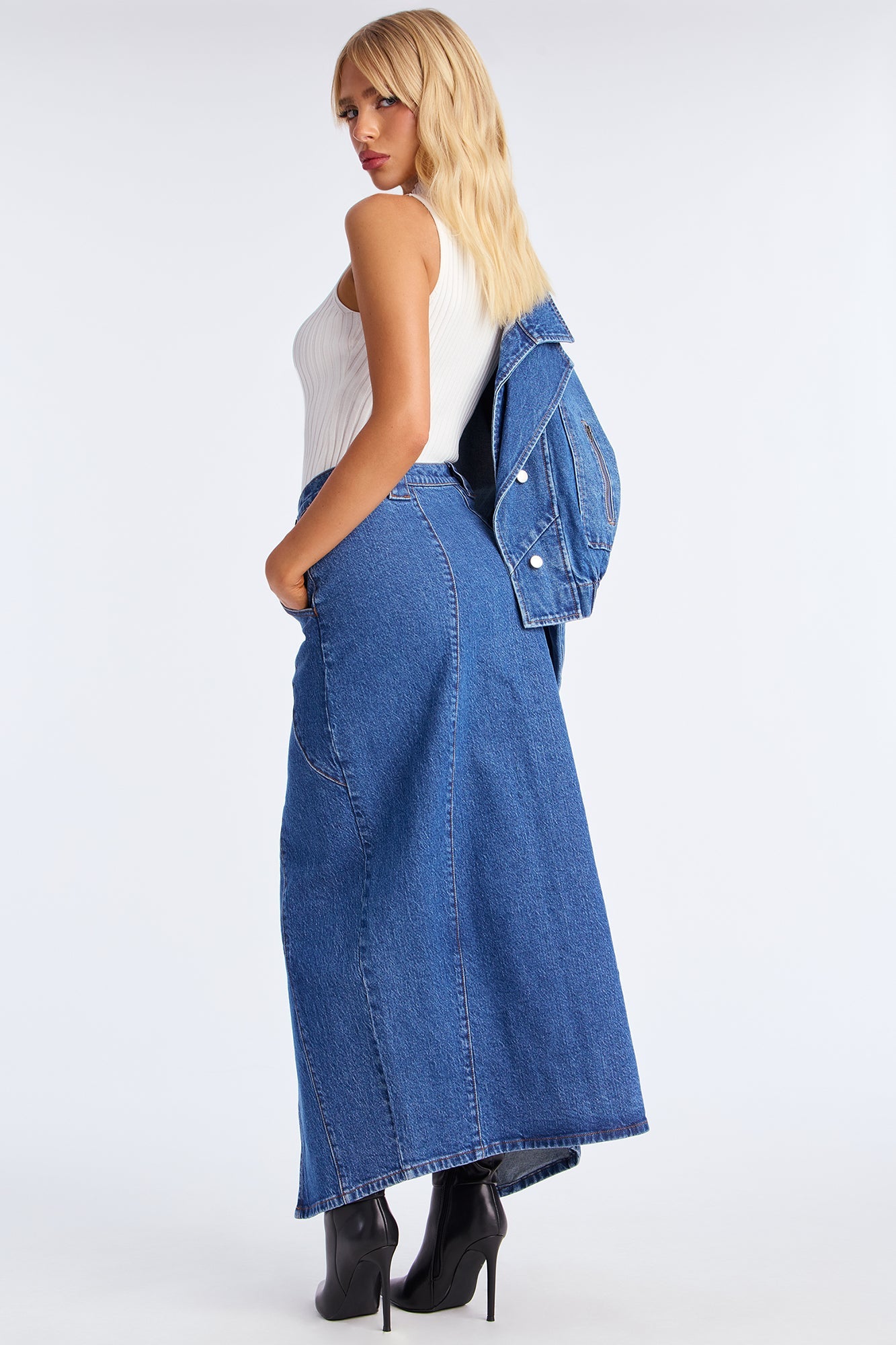 Penny Front Slit Denim Maxi Skirt - Medium Wash