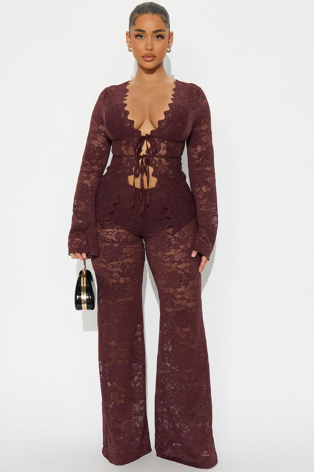 Karla Lace Wide Leg Pant Set - Brown
