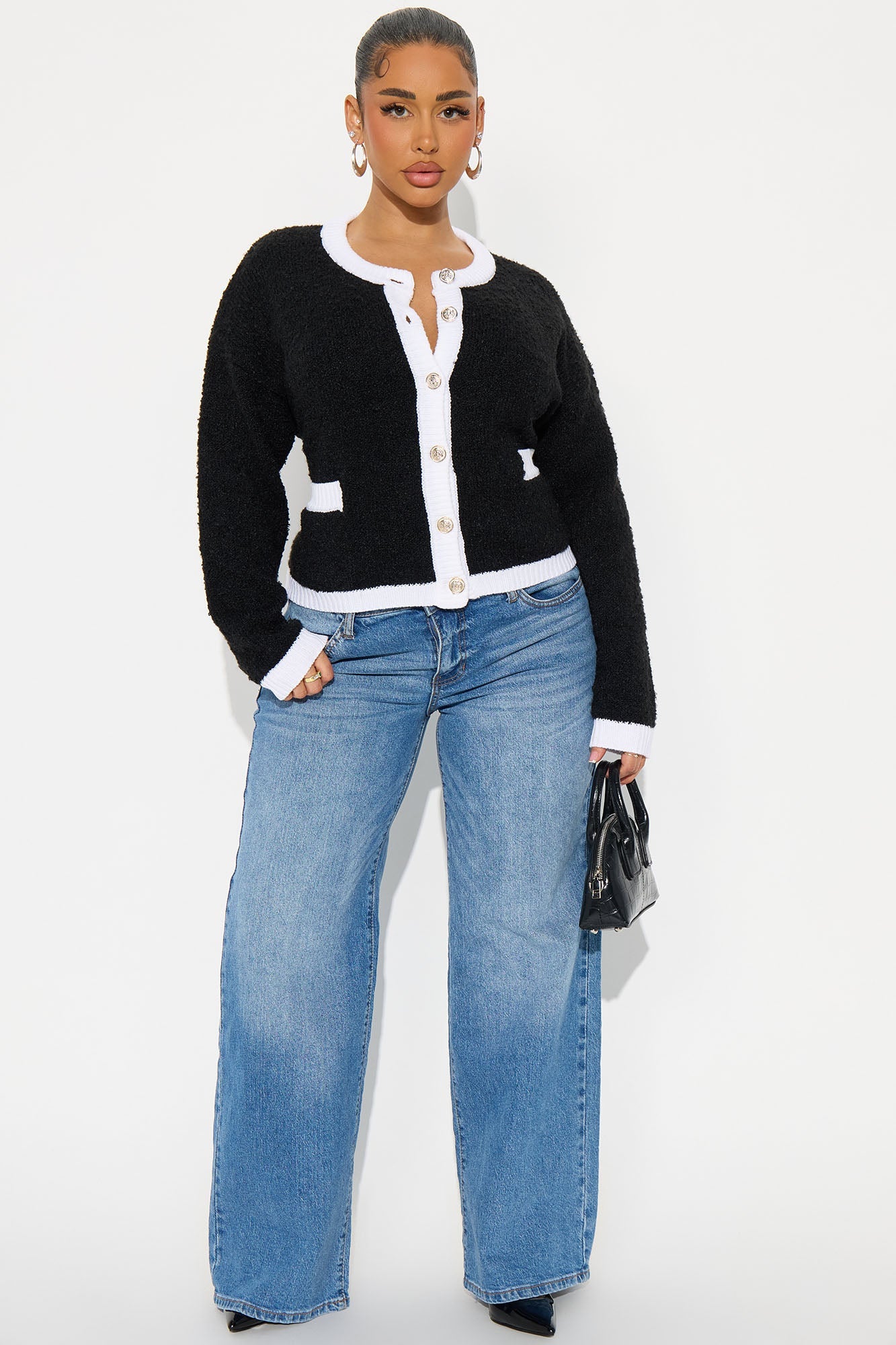 High Tea Girl Contrast Cardigan - Black/White