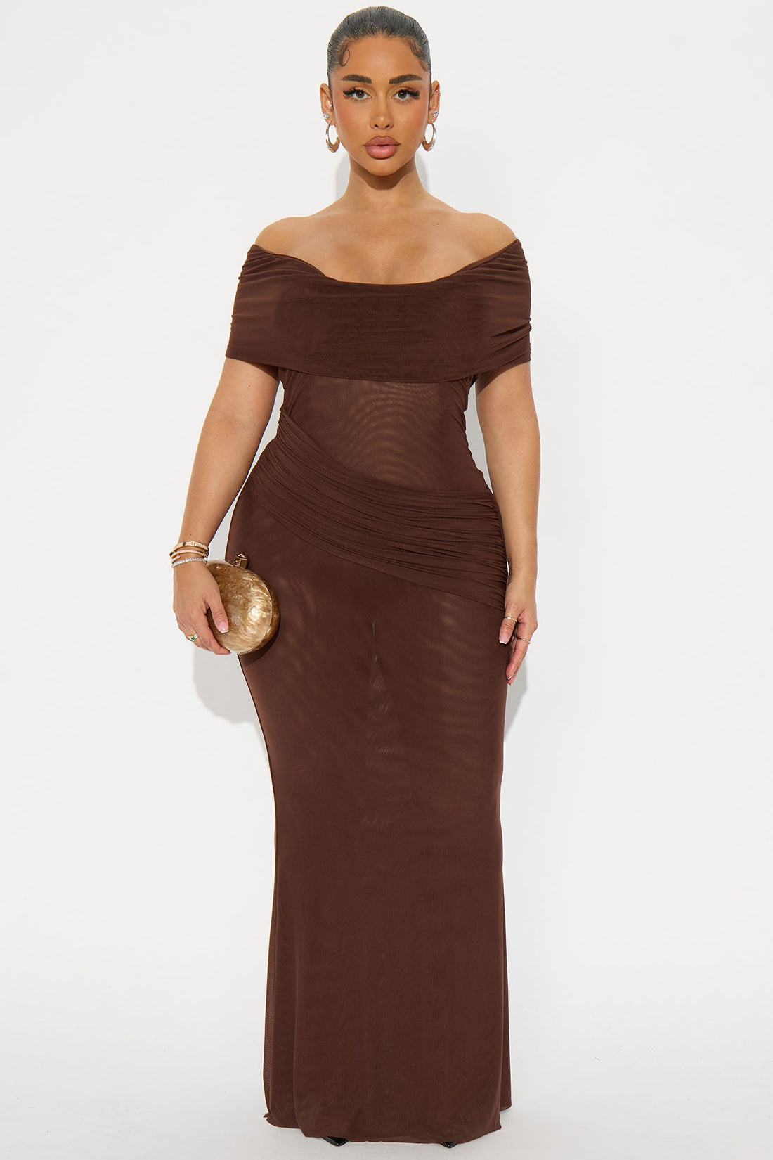 Milena Draped Mesh Maxi Dress - Chocolate