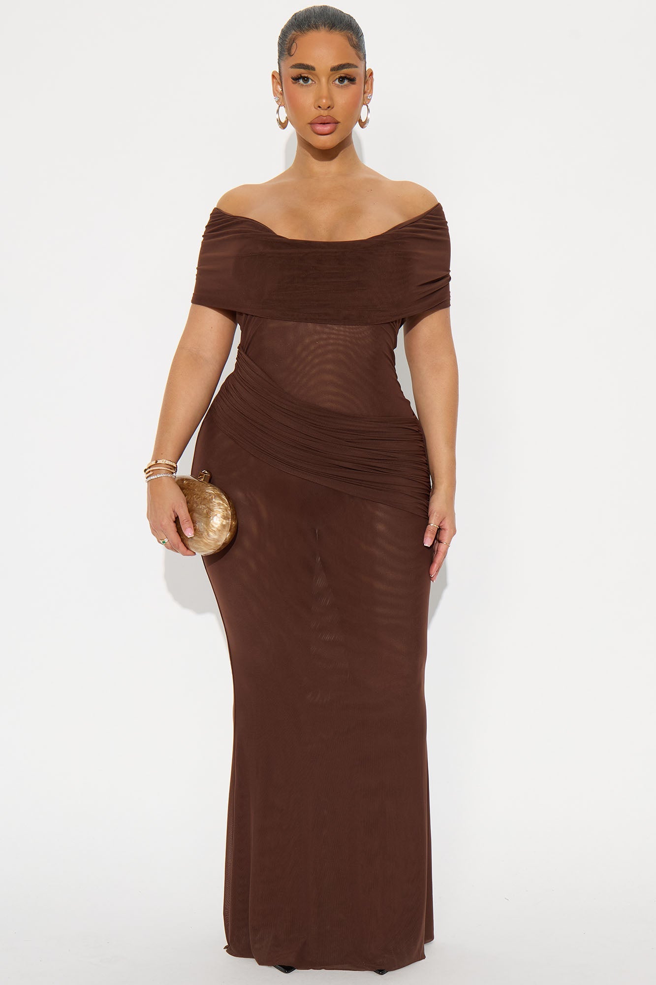 Milena Draped Mesh Maxi Dress - Chocolate