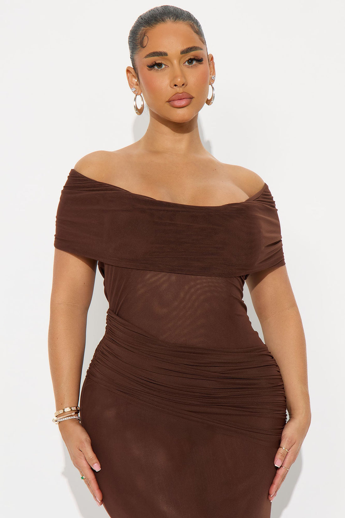 Milena Draped Mesh Maxi Dress - Chocolate