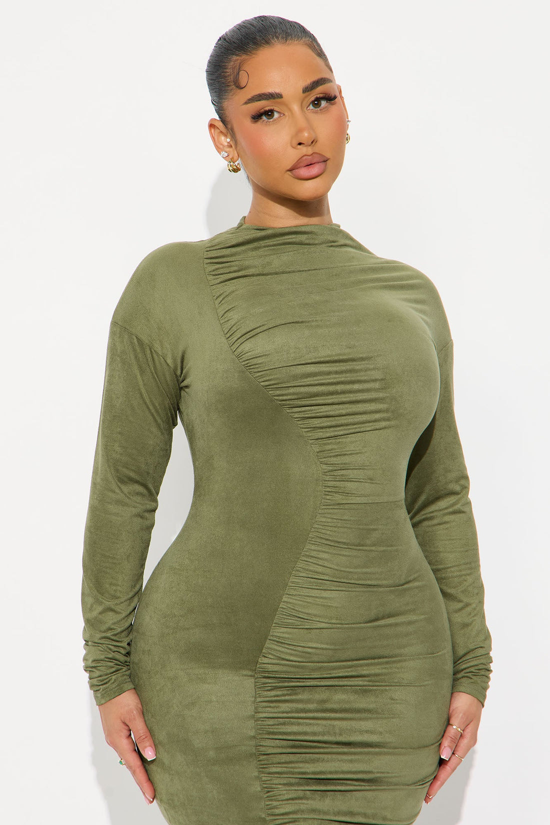 Melanie Ruched Suede Midi Dress - Olive