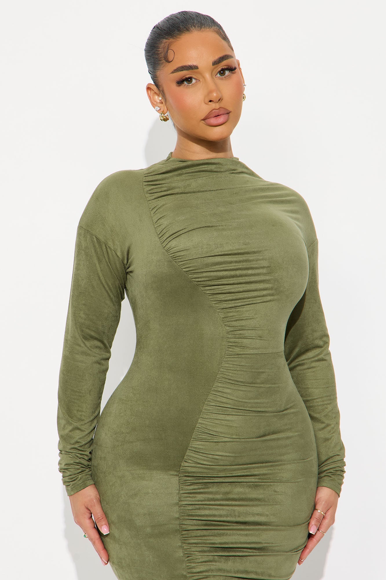 Melanie Ruched Suede Midi Dress - Olive