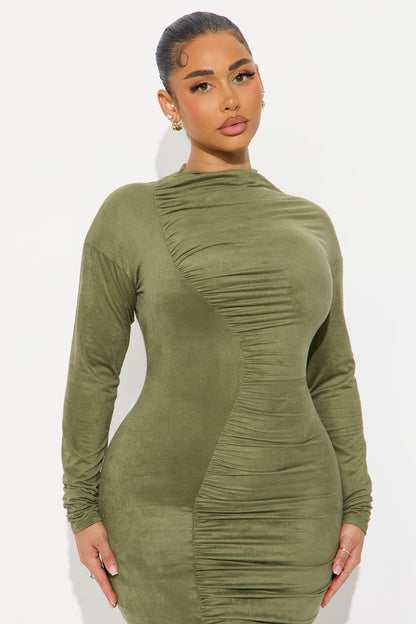 Melanie Ruched Suede Midi Dress - Olive