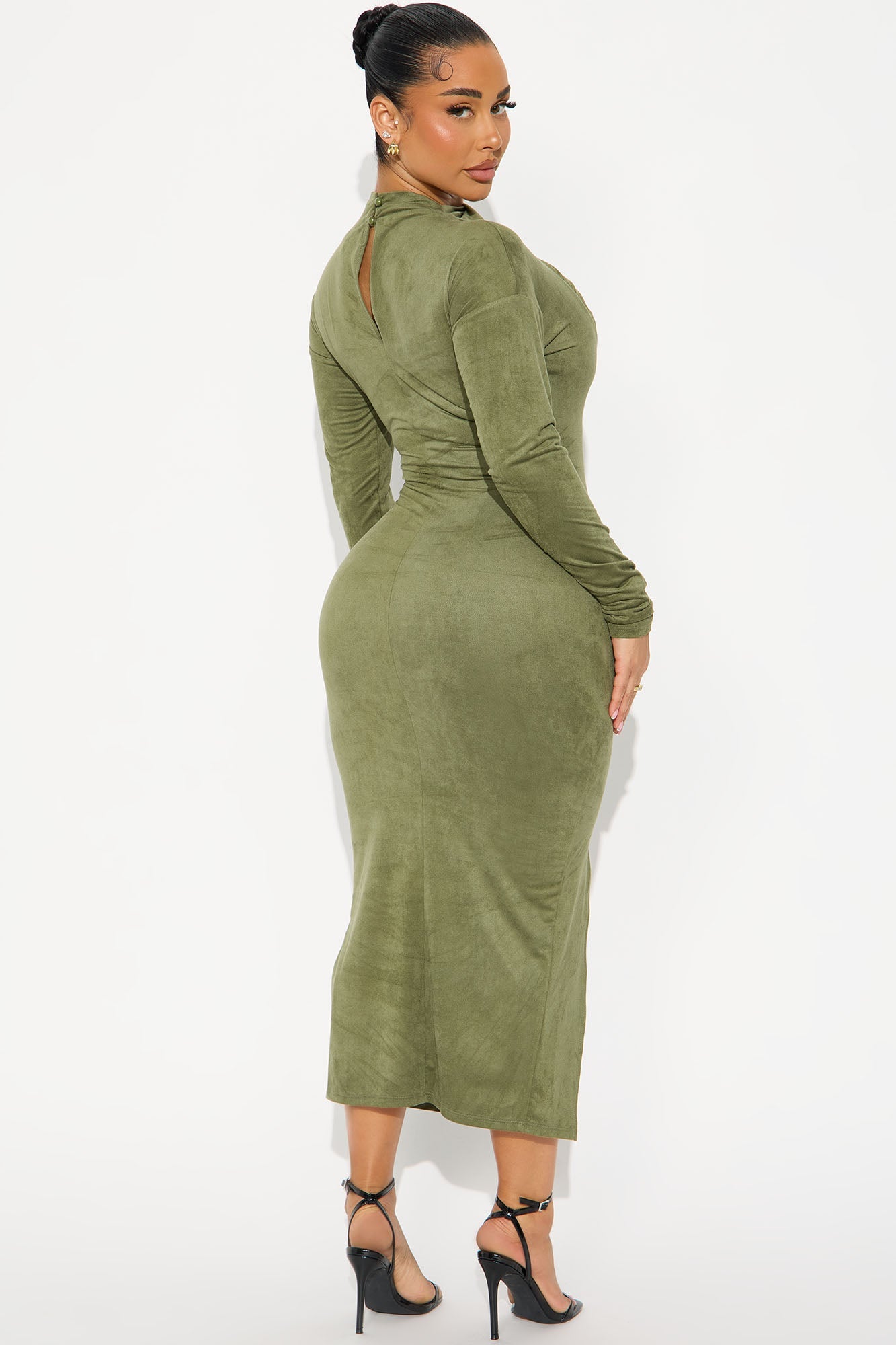 Melanie Ruched Suede Midi Dress - Olive