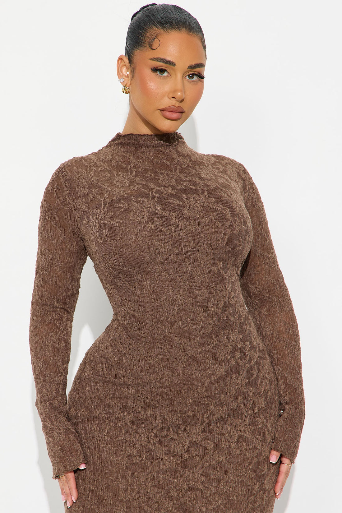 Maia Textured Long Sleeve Maxi Dress - Brown