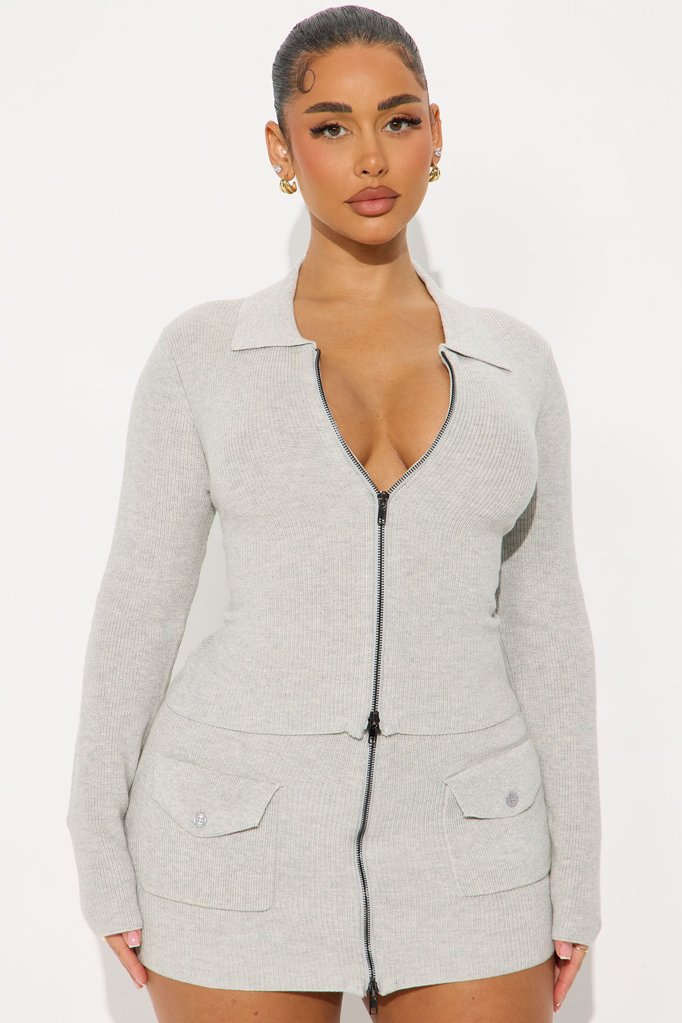 Good Times Only Cardigan Zip Up Skirt Set - Heather Grey