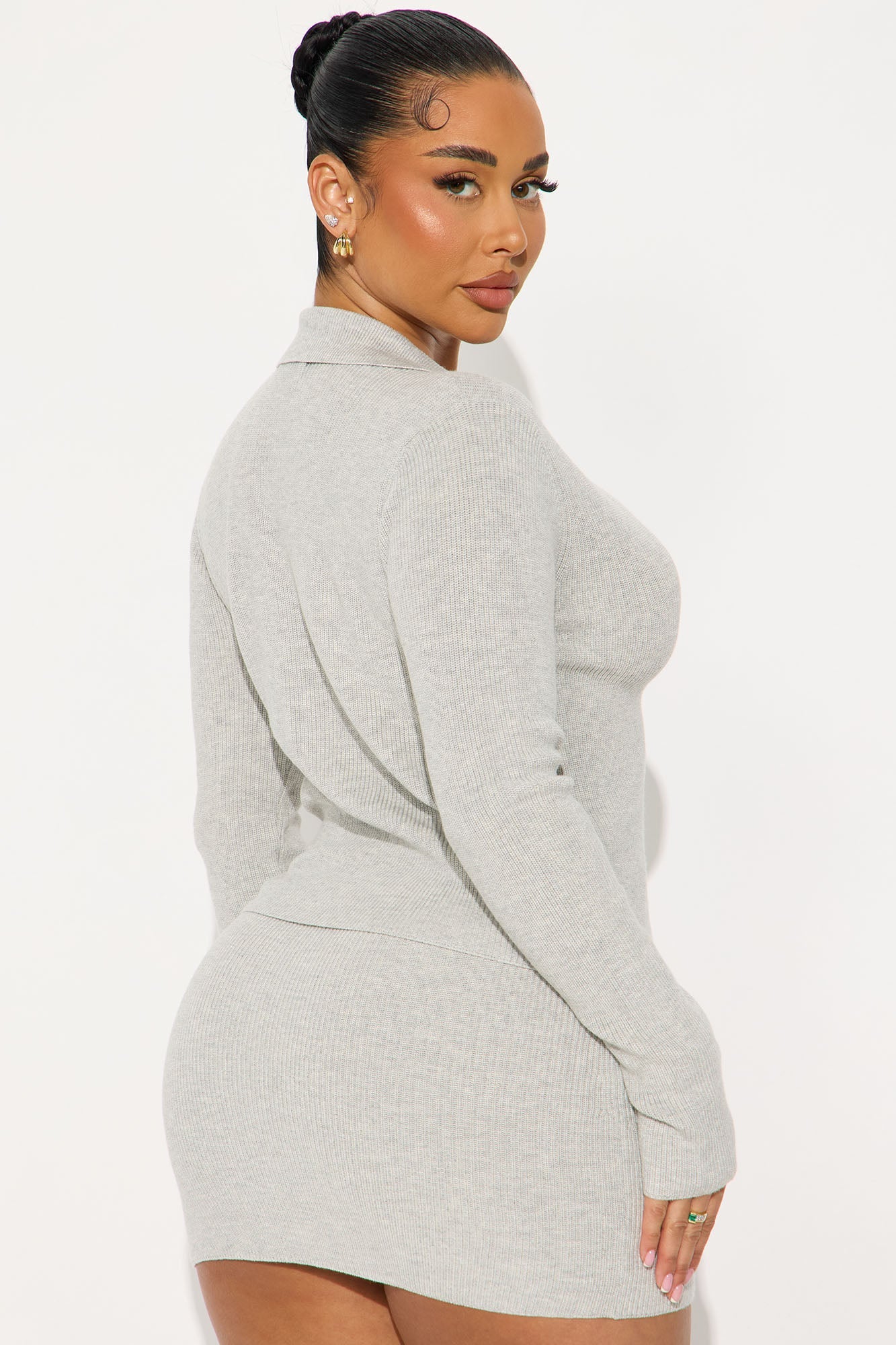 Good Times Only Cardigan Zip Up Skirt Set - Heather Grey