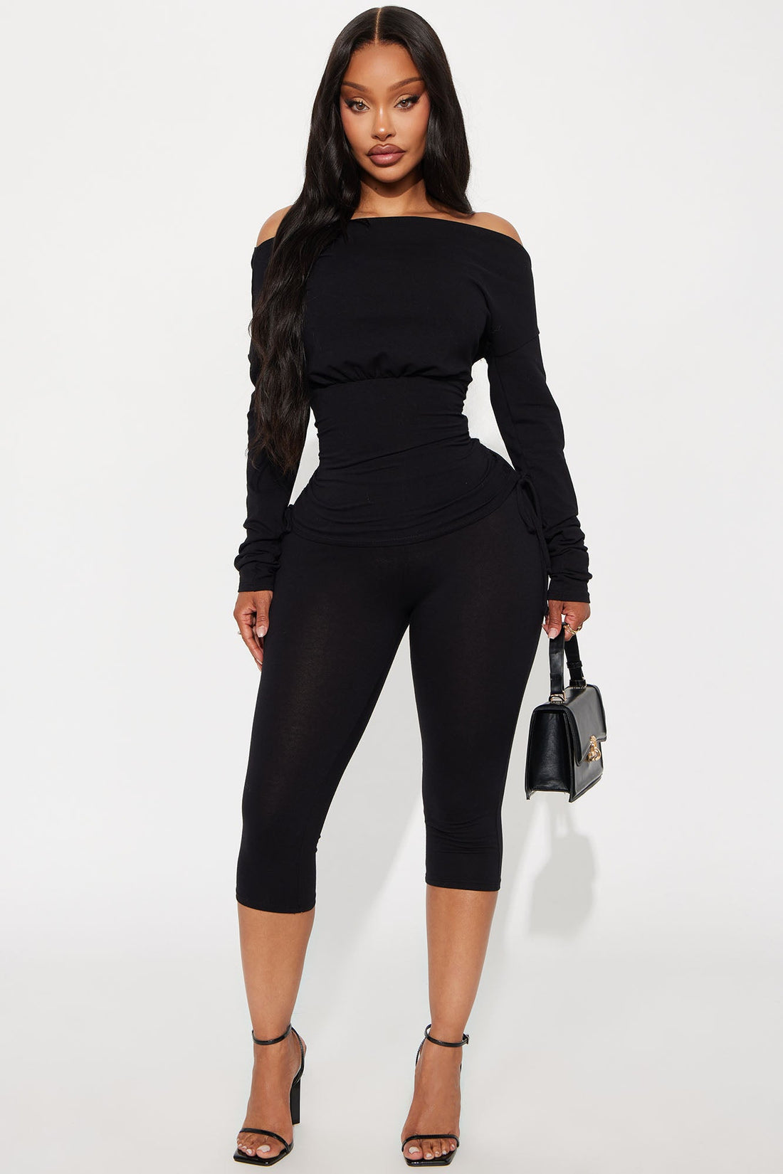 Huda Ruched Off Shoulder Capri Set - Black