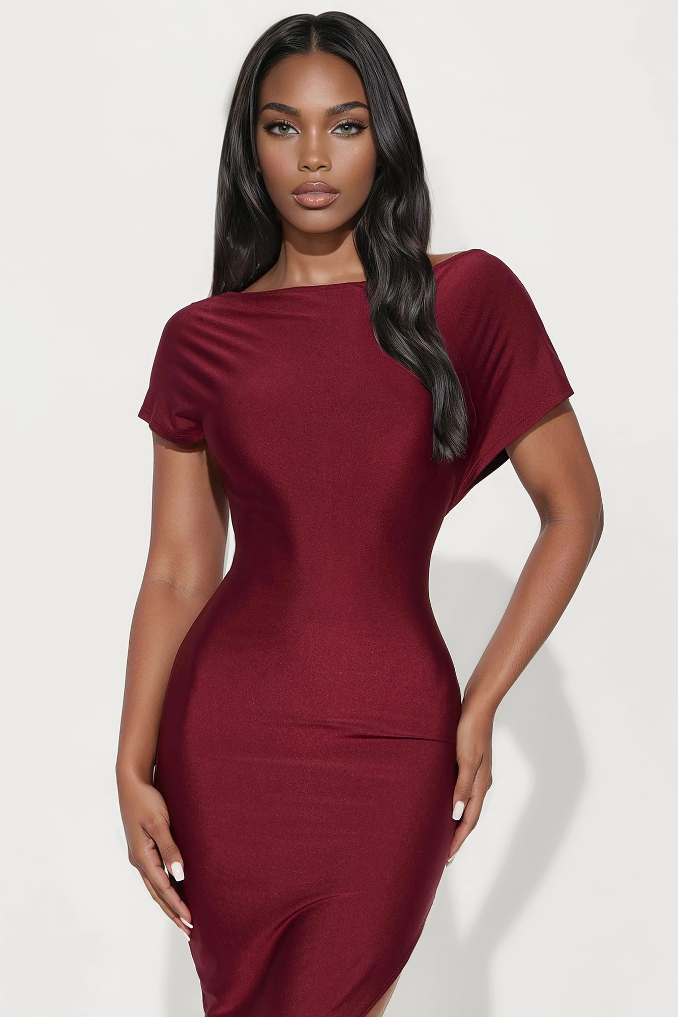 Serene Escape Stretch Shine Midi Dress - Burgundy