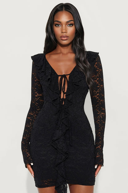 Amelia Lace Long Sleeve Mini Dress - Black