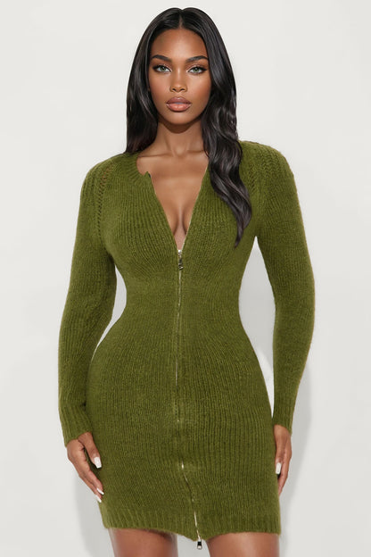 Zakia Zip Front Sweater Mini Dress - Olive