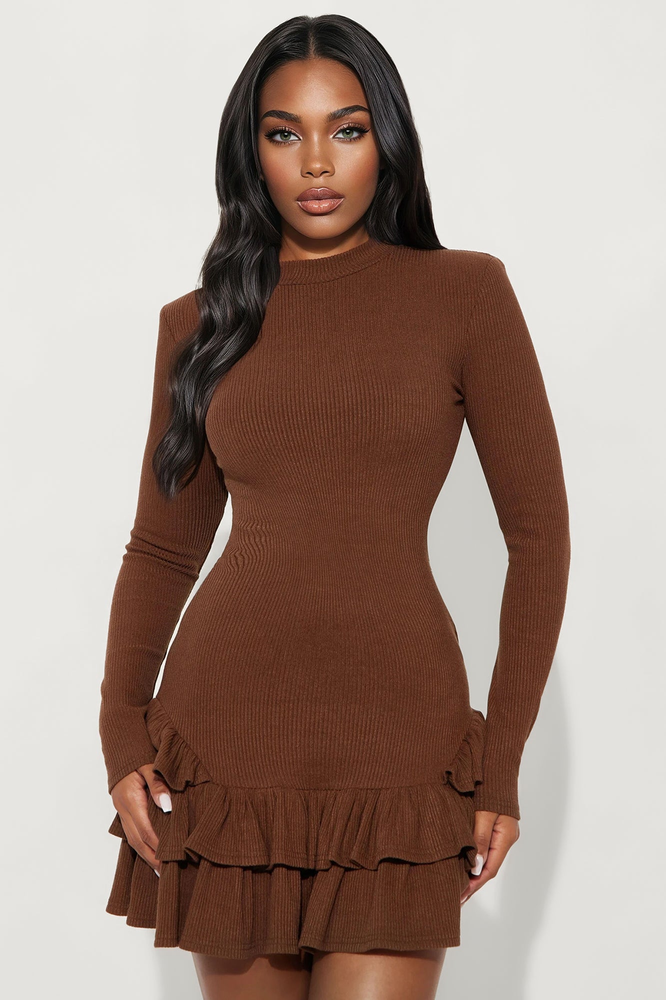Carina Ruffle Ribbed Mini Dress - Chocolate