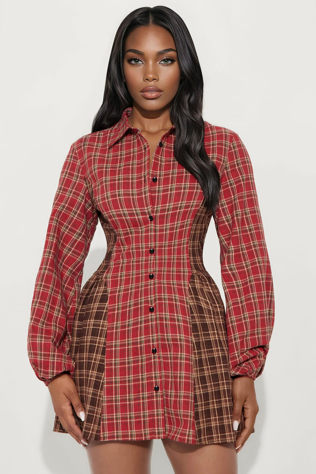 Payton Button Up Flannel Mini Dress - Red/combo