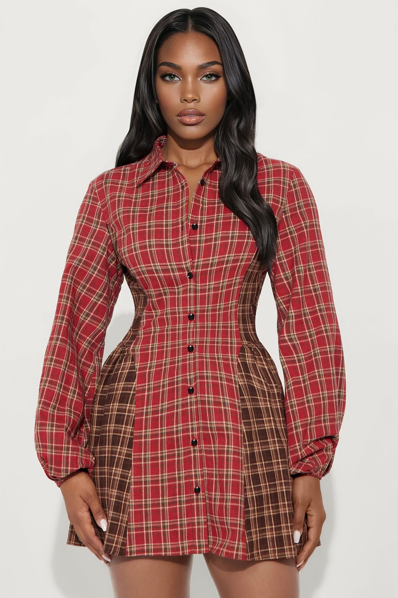 Payton Button Up Flannel Mini Dress - Red/combo