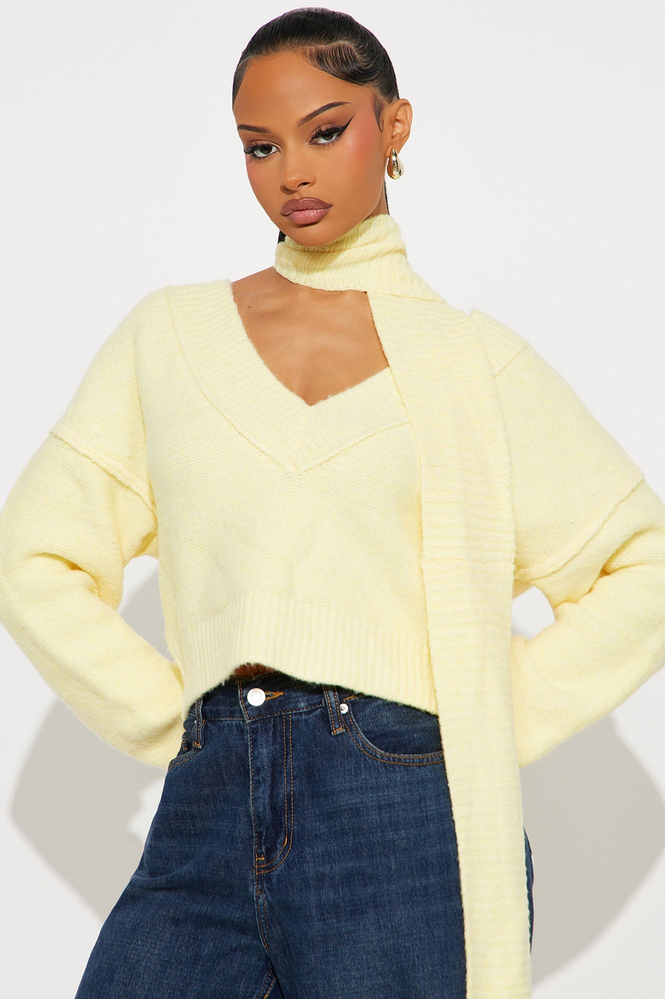 On Winter Time Neck Scarf Sweater - Butter Yellow