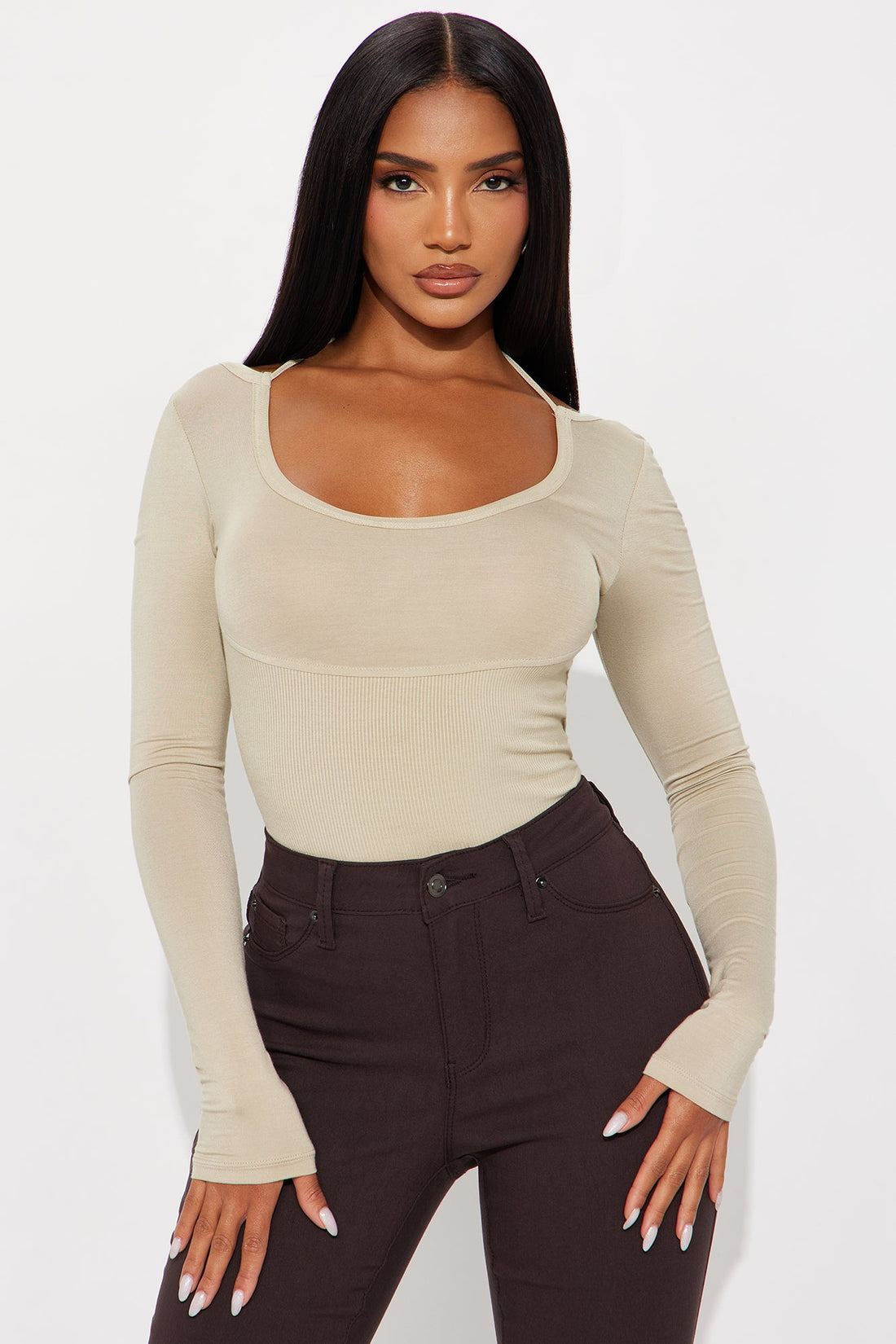 Evolet Long Sleeve Ribbed Top - Stone