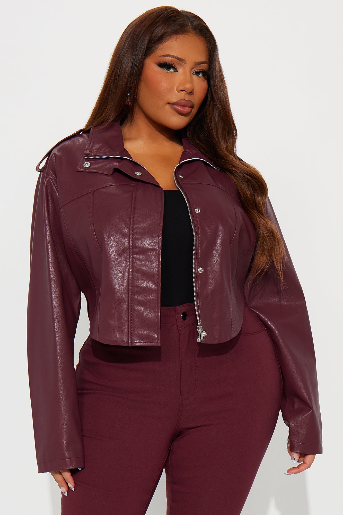 Twilight Temptation Faux Leather Moto Jacket - Burgundy