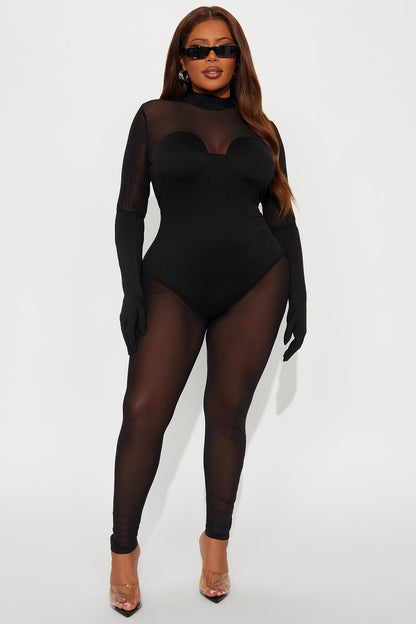 For The Night Solid Mesh Jumpsuit - Black