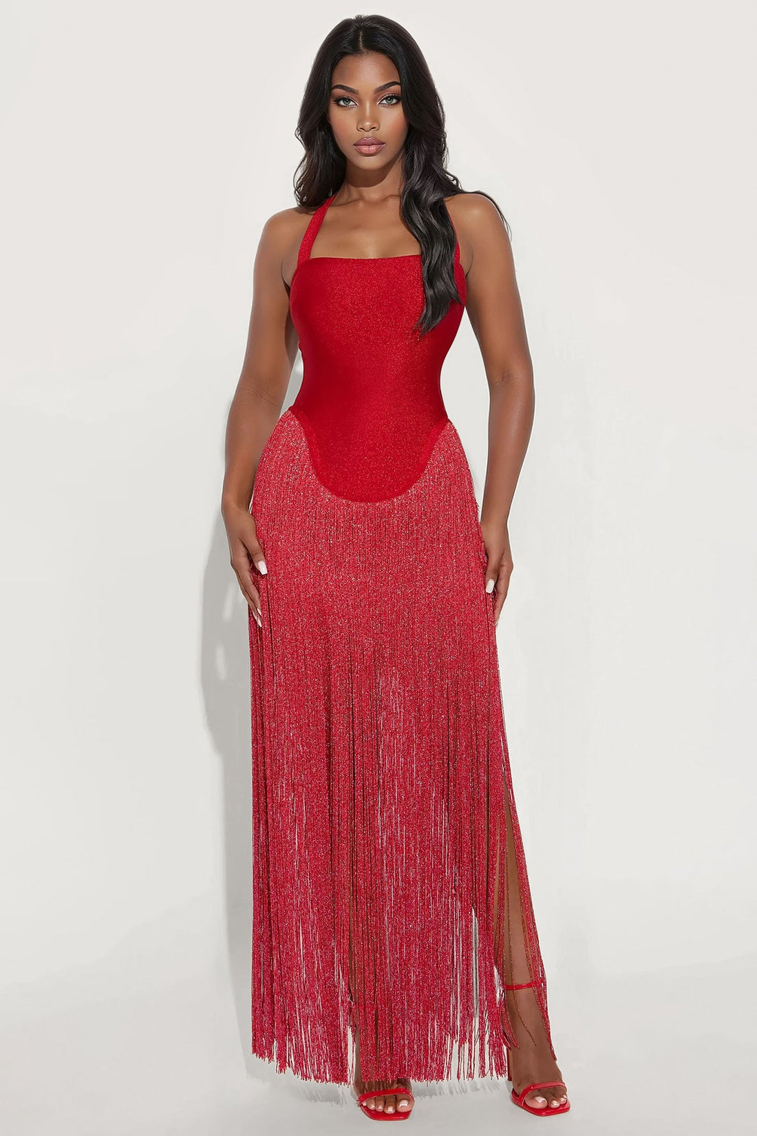 Bossy Tiara Glitter Bandage Maxi Dress - Red