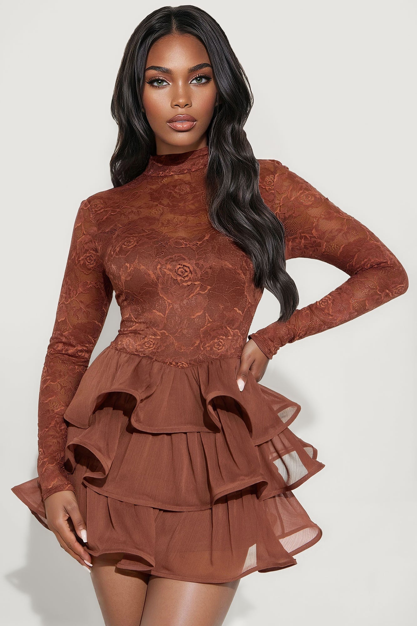 Emilia Ruffle Lace Mini Dress - Brown