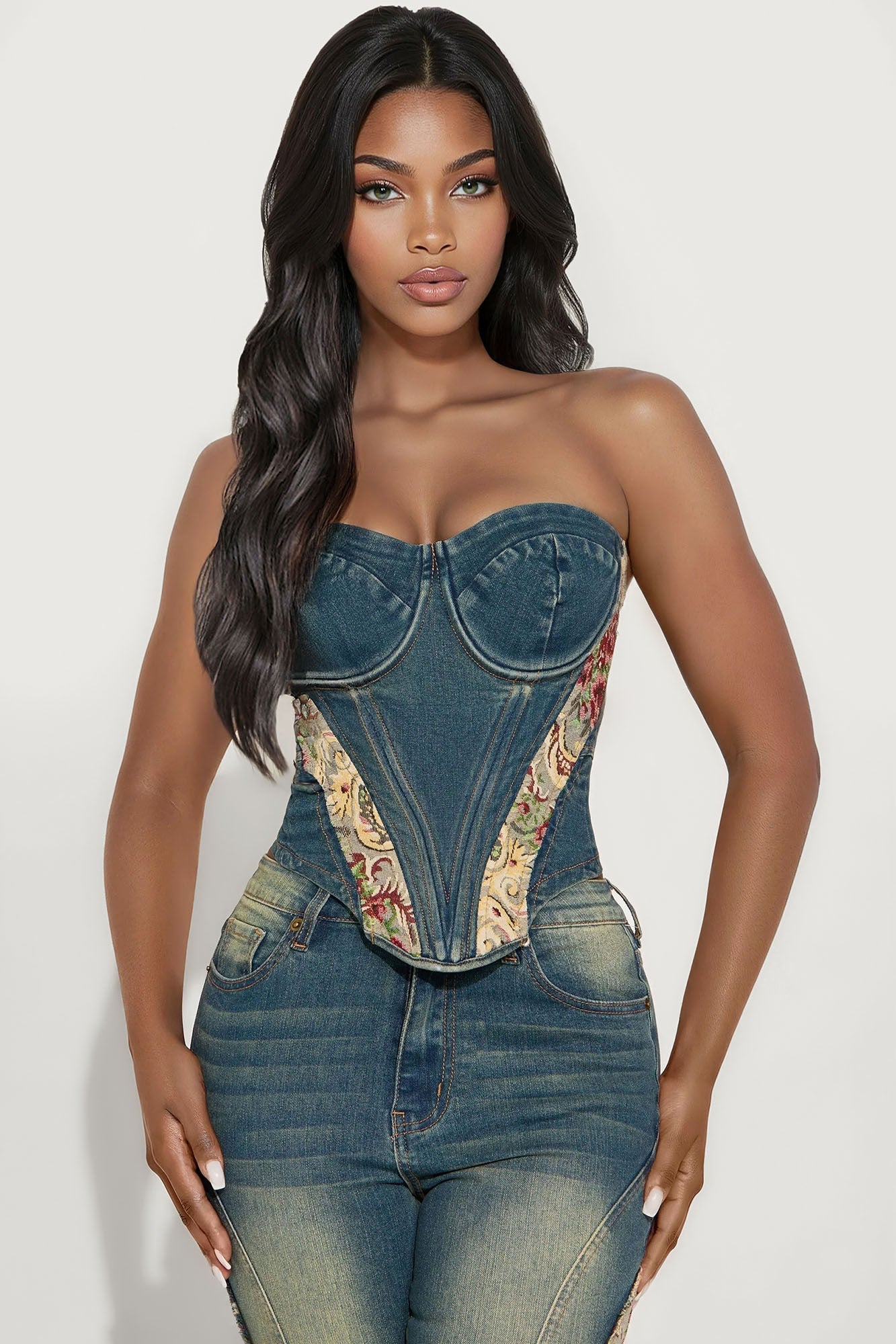 Amari Floral Denim Corset Top - Dark Wash