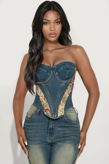 Amari Floral Denim Corset Top - Dark Wash