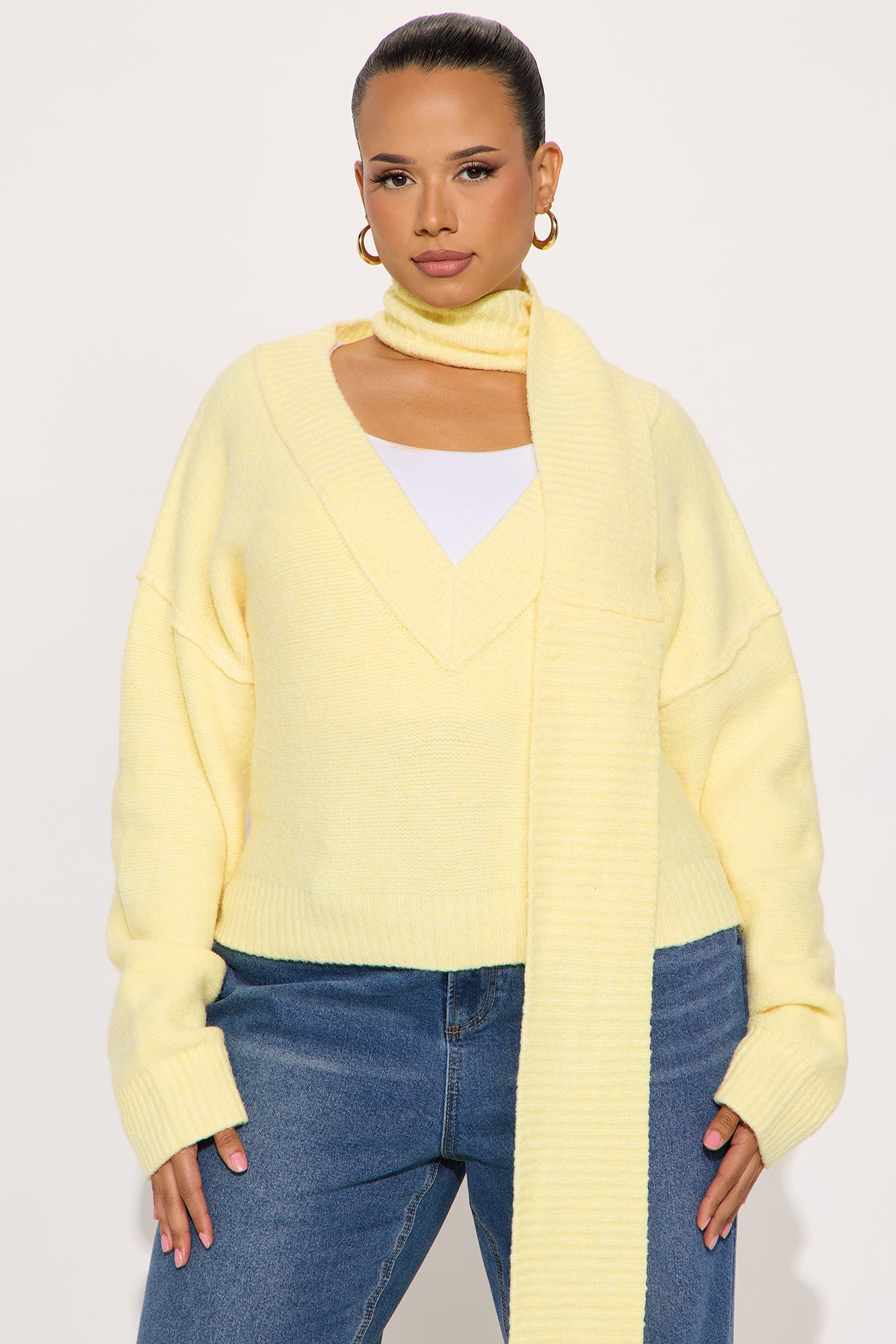 On Winter Time Neck Scarf Sweater - Butter Yellow