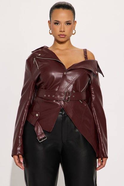 Burn Rubber Faux Leather Moto Jacket - Wine