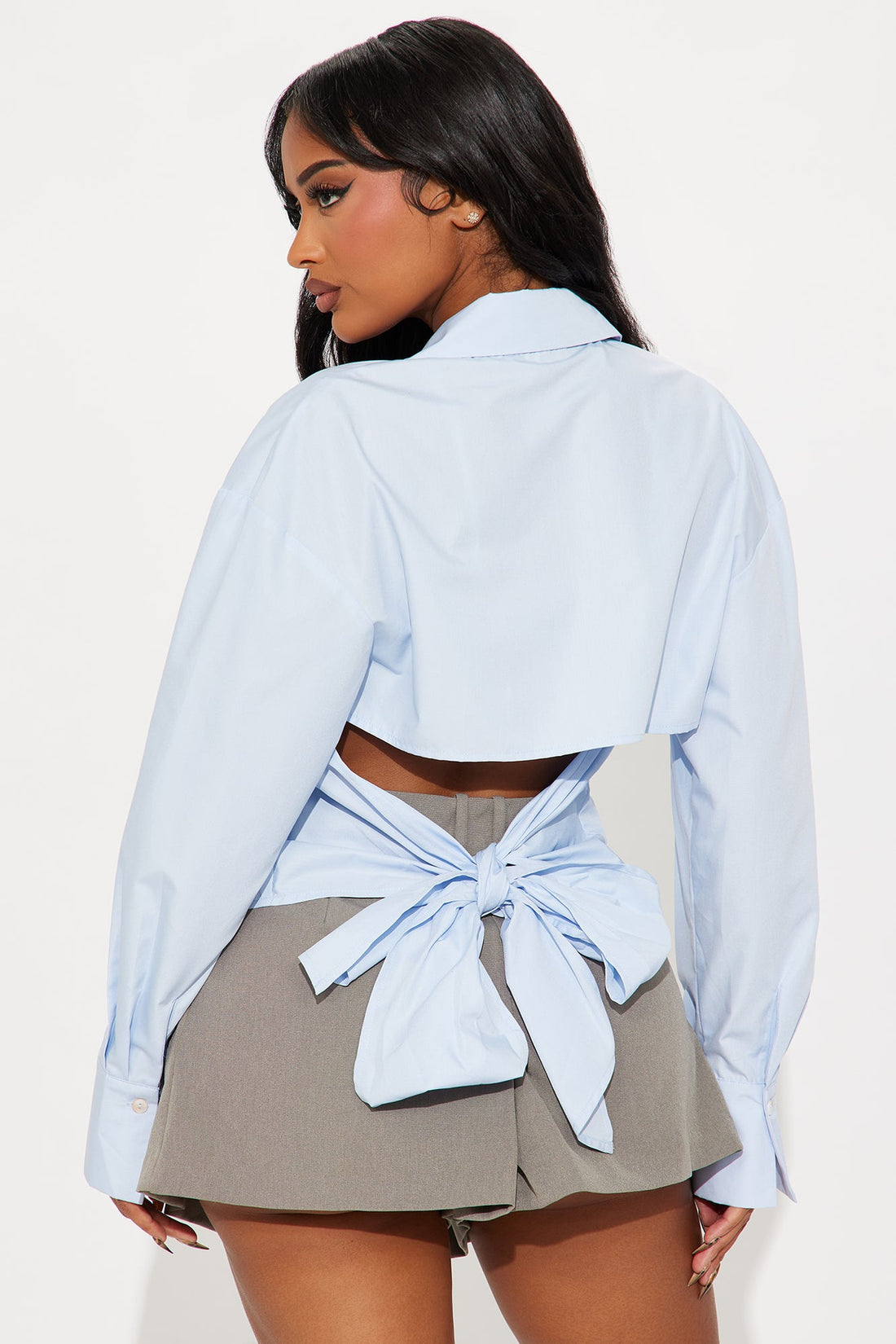 Corporate Baddie Tie Back Poplin Shirt - Blue