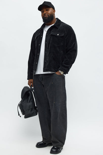 Textured Heathered Velvet Trucker Jacket - Black