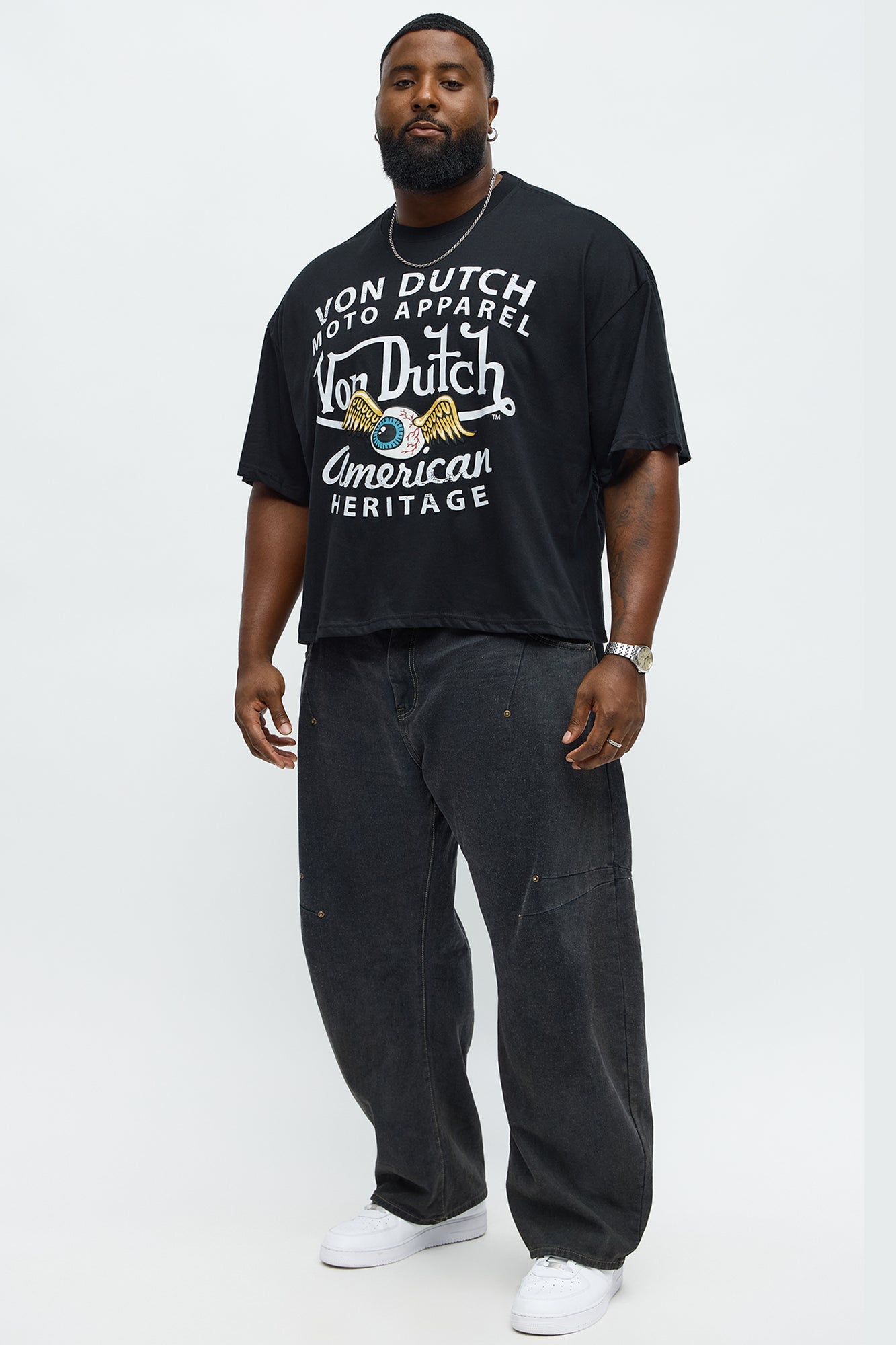 Oversized Cropped Von Dutch Moto Tee - Black
