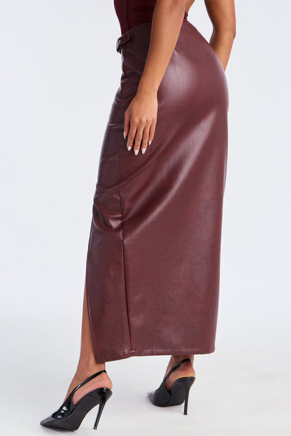 Bad For You Belted Faux Leather Maxi Skirt - Burgundy