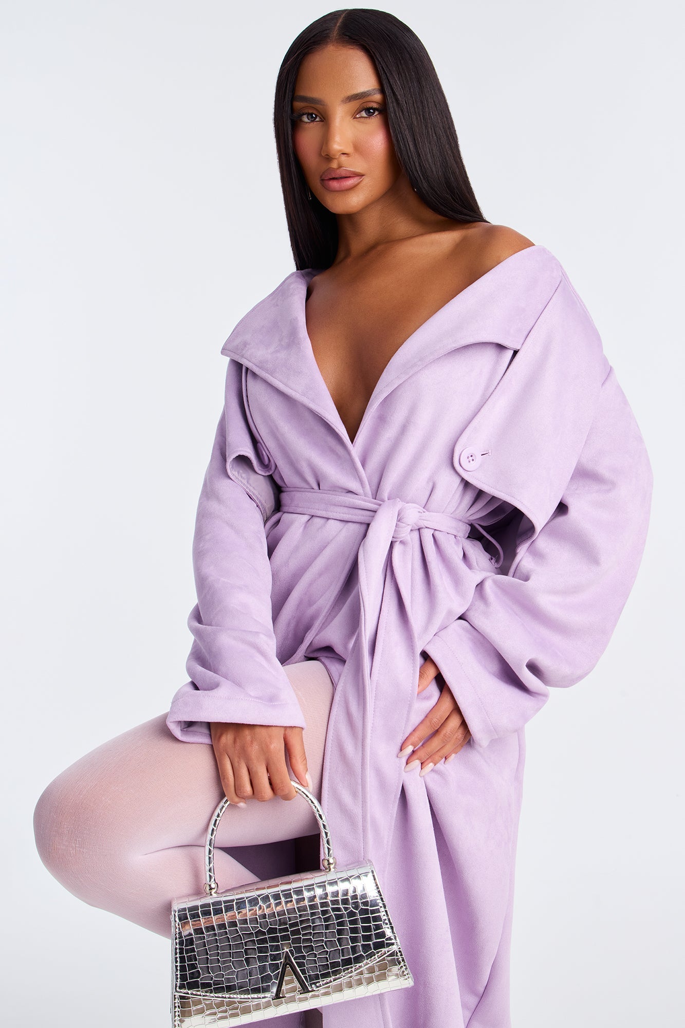 Topic of Conversation Faux Suede Trench Coat - Lavender