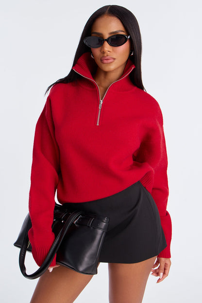 Vintage Feels Quarter Zip Sweater - Red