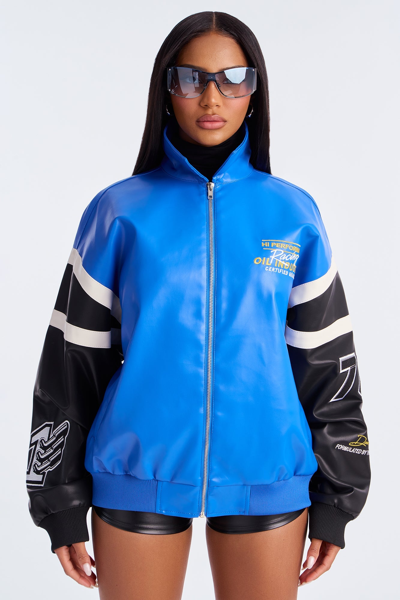 Take The Lead Faux Leather Bomber Jacket - Royal/combo