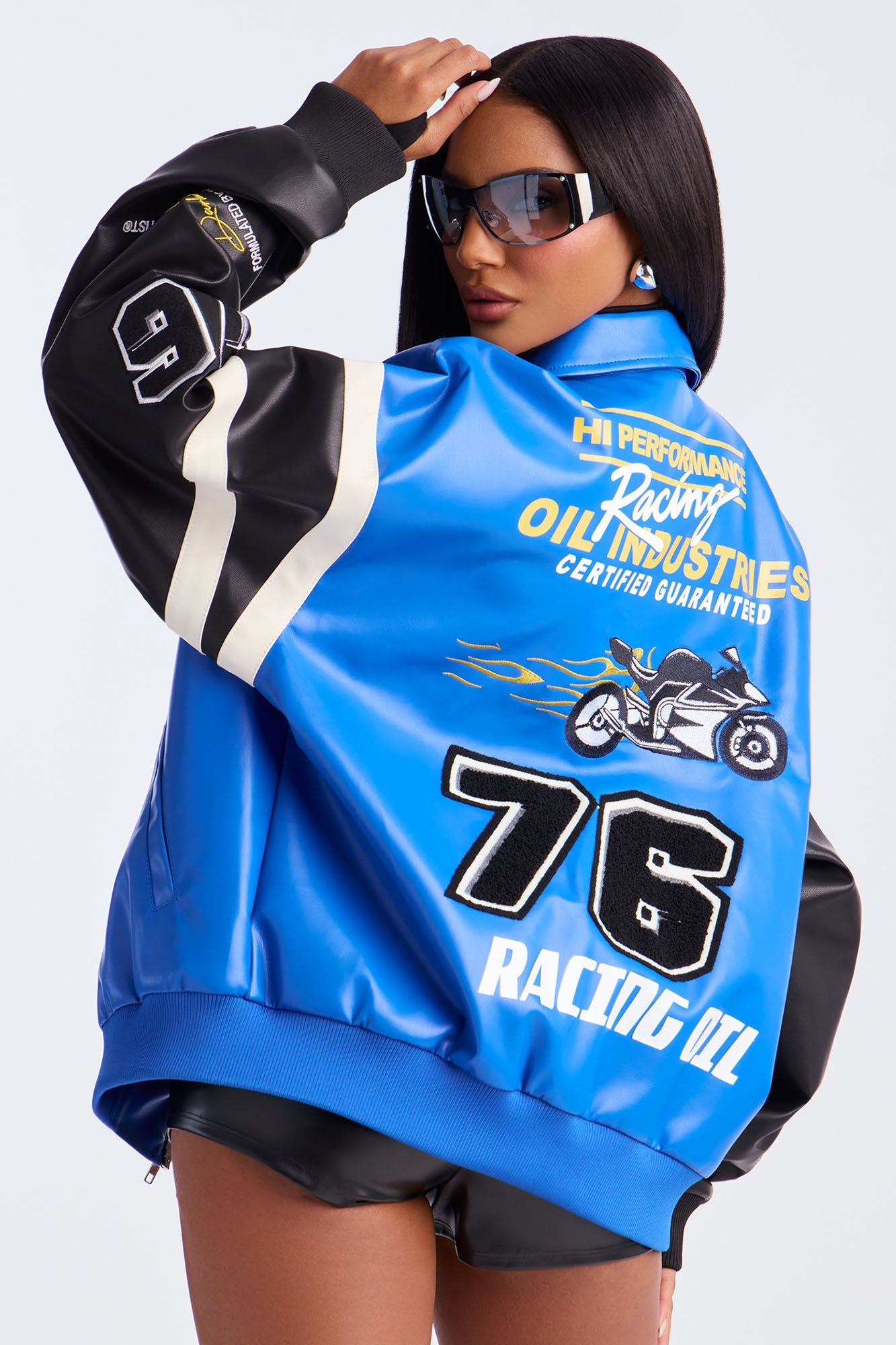 Take The Lead Faux Leather Bomber Jacket - Royal/combo